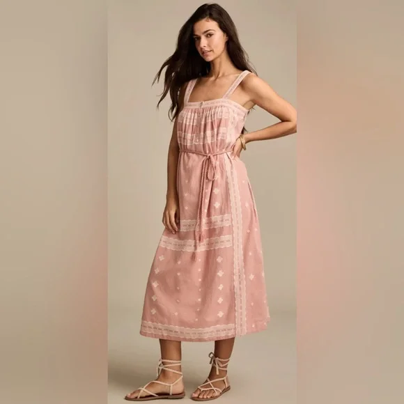 NWT Lucky Brand Boho Midi Dress Pink Embroidered Cotton Tie Waist Sz Small - Picture 2 of 5